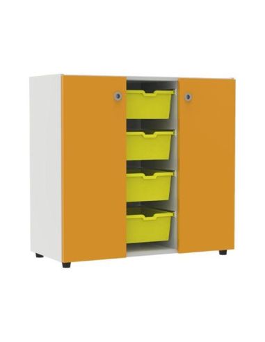 Armadio 2 Ante E 4 Cassetti Grandi Piedi Legno Reg, Frontale Struttura E Ripiani Blu Balt.-Fondo Standard, Vaschette Giallo,